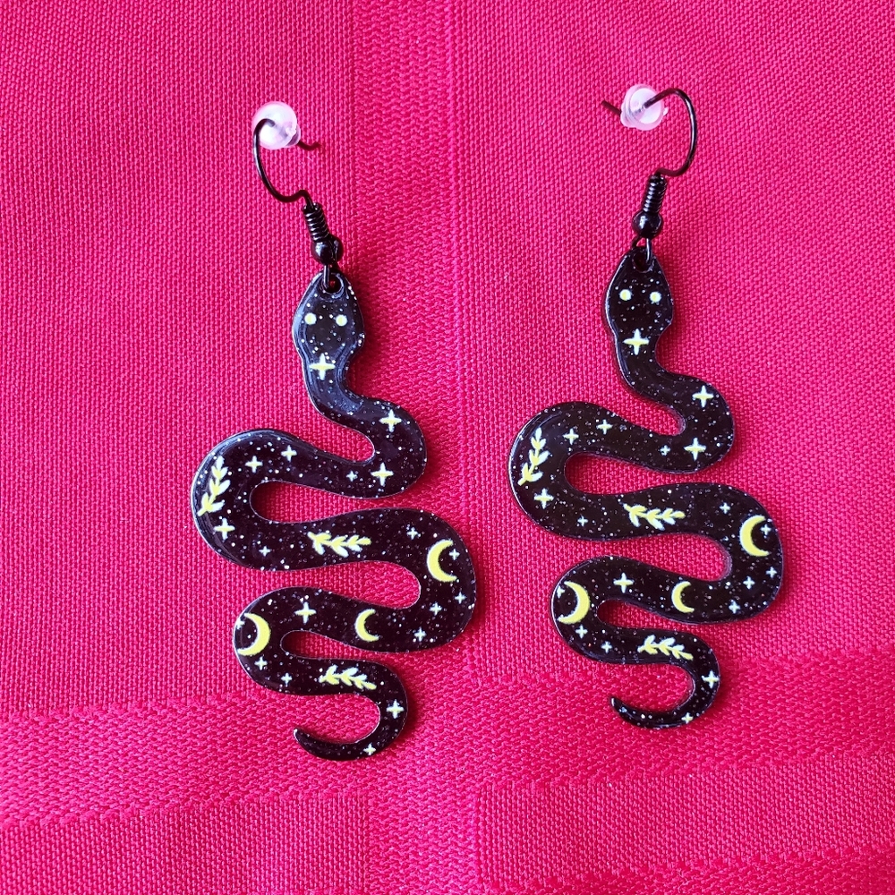 Black Snake Earrings with Celestial Design